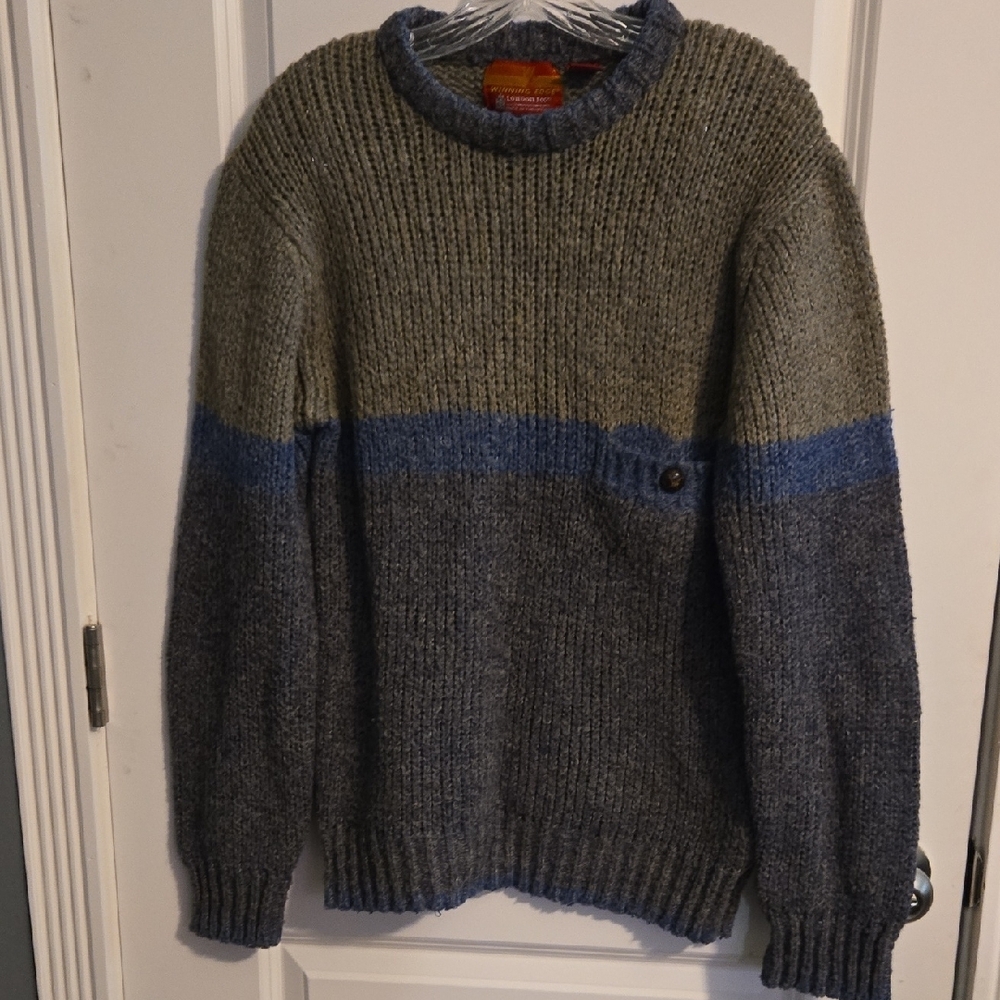 Vintage London Fog Chunky Knit Crew Neck Sweater Green and Blue